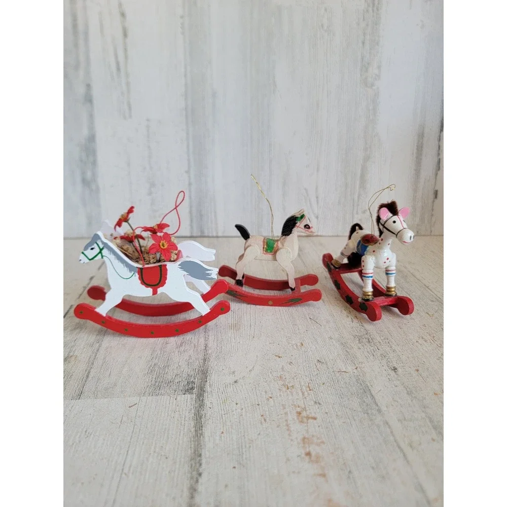Vintage flowers rocking horse wooden ornament Xmas set mistletoe rustic home